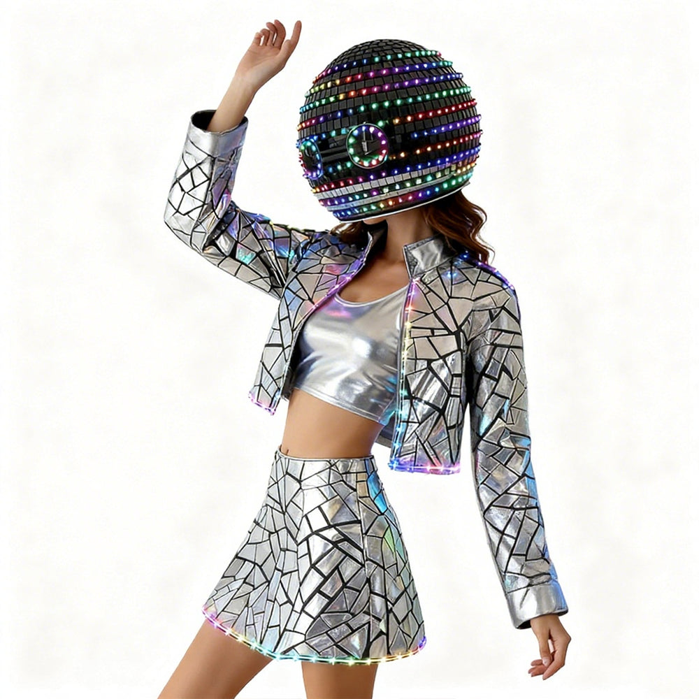 LED Women's Sparkle Performance Costume Stage Wear Long Sleeve Purple Blue Mirror Material Dress & Pants Set Nightclub Vocalist Dance Attire