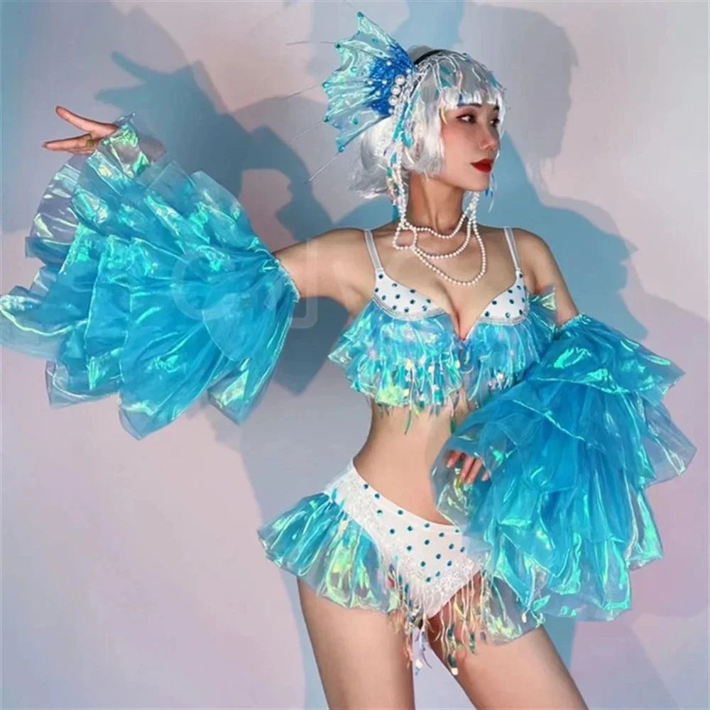 Dazzling Mermaid Show Costume - Full Sequin Bikini Ensemble with Glittering Flared Sleeves for Nightclub & Stage Performances