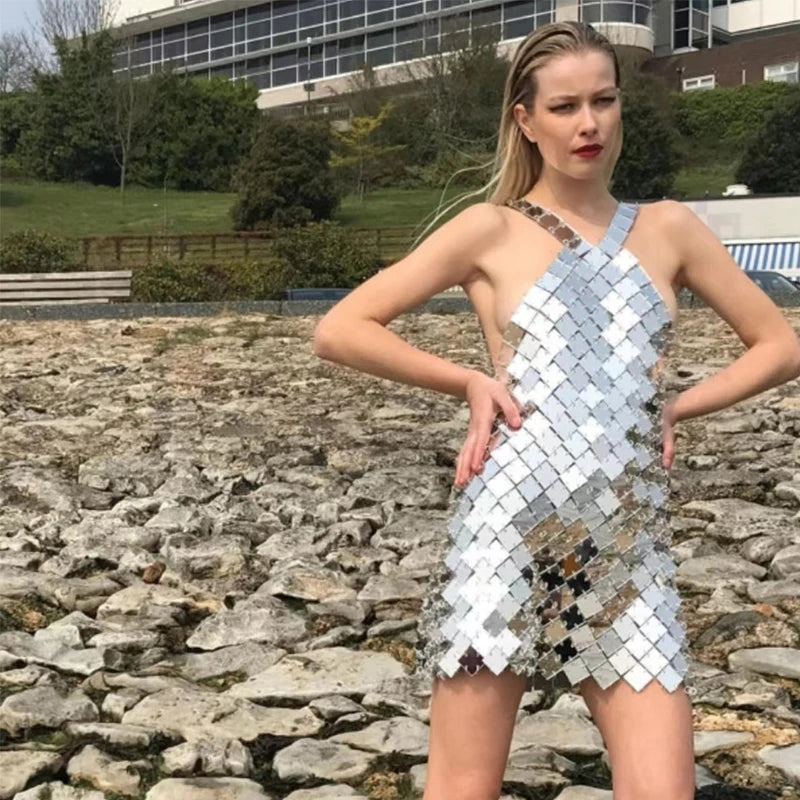 Women Gold Sexy Sleeveless Backless Evening Party Dresses Silver Square Disc Chainmail Halter Mini Dress