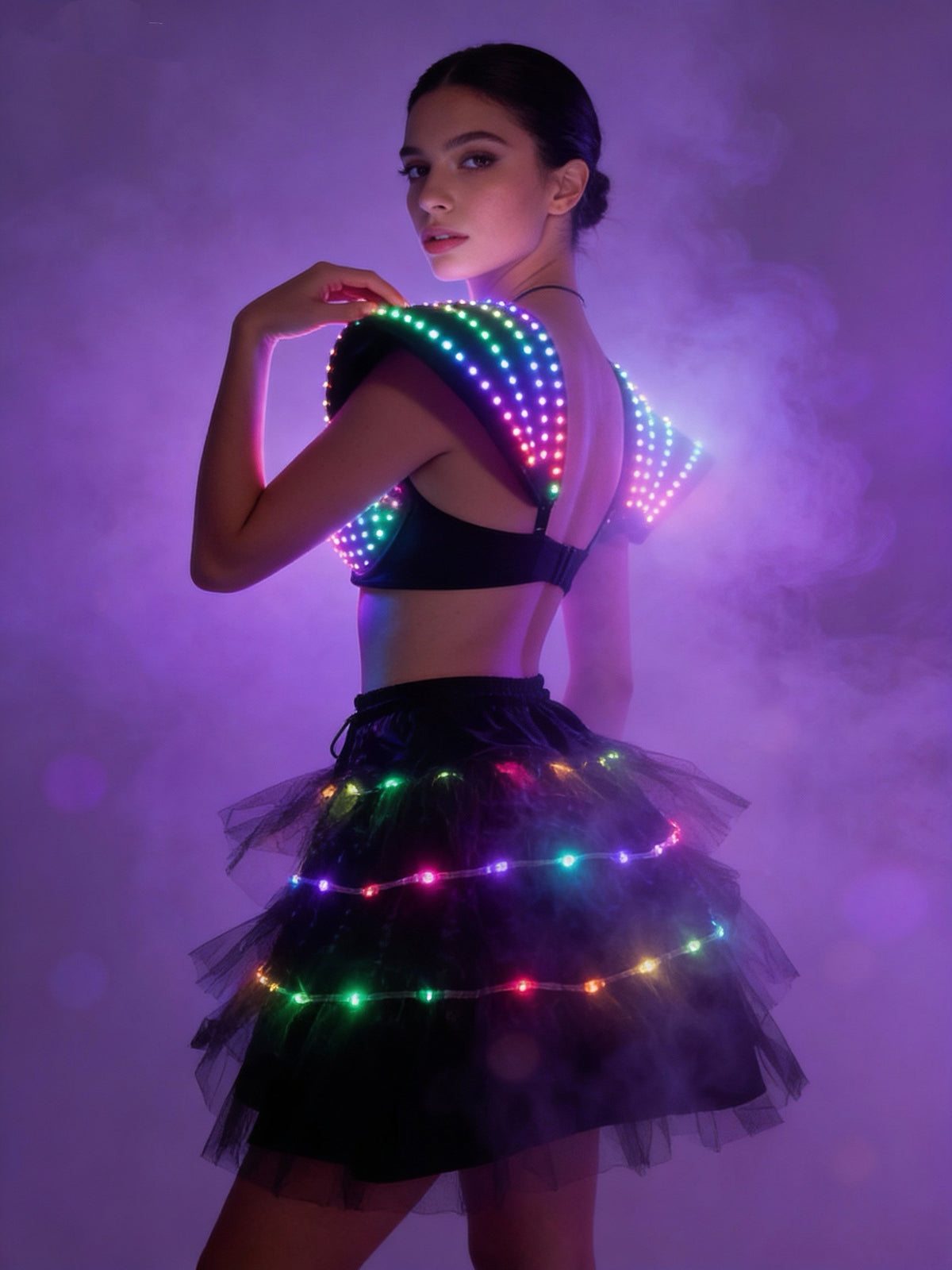 Rgb Wing Rave LED Light-Up Cyberpunk Rave Costume: Neon Wing & Tutu Outfit for Club