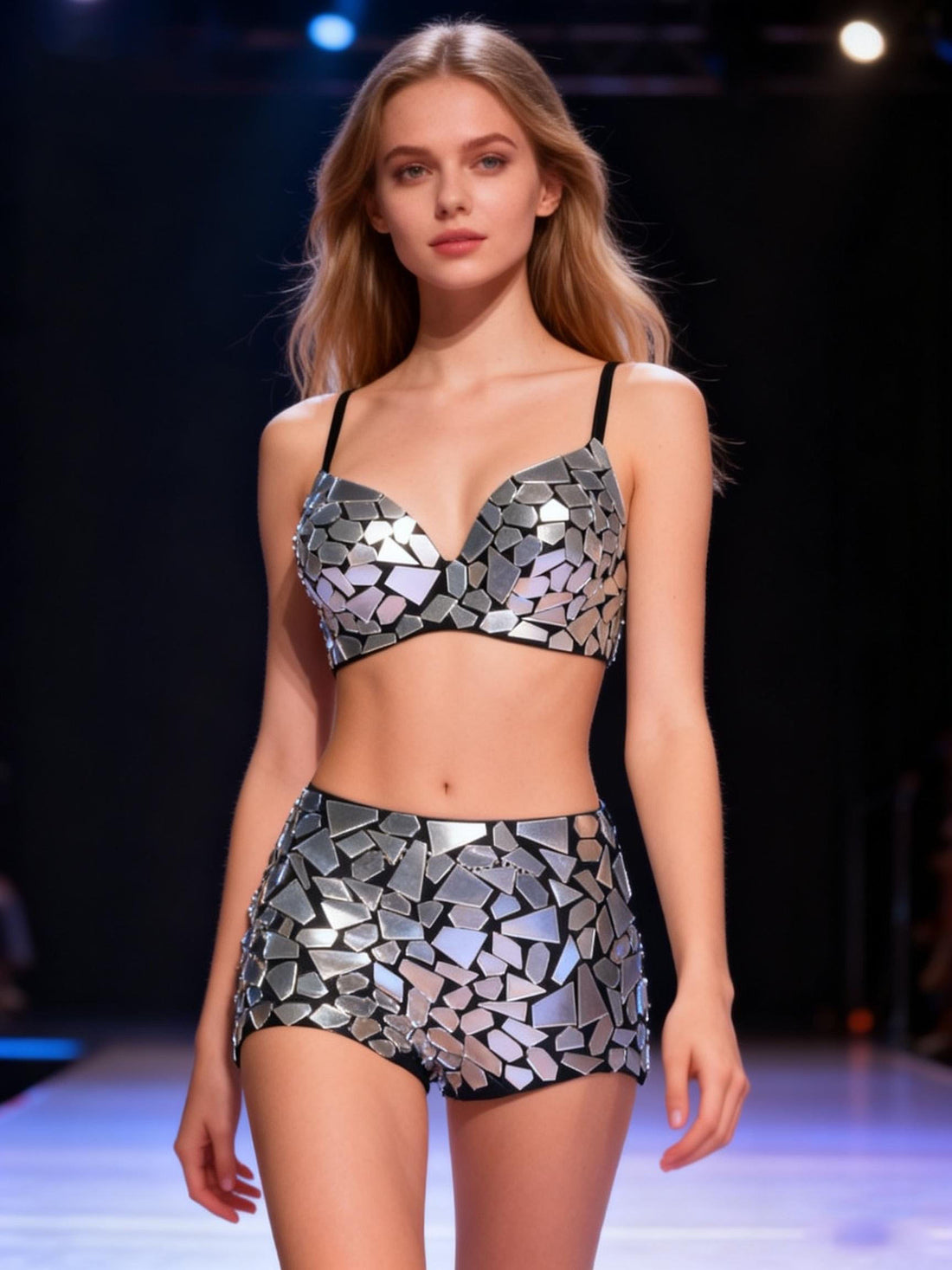 Shimmering Mirror Sequin Two-Piece: Nightclub/Bar Stage Dance Outfit for Singer Concerts & Drag Queens – Mirrored Top & Bottom