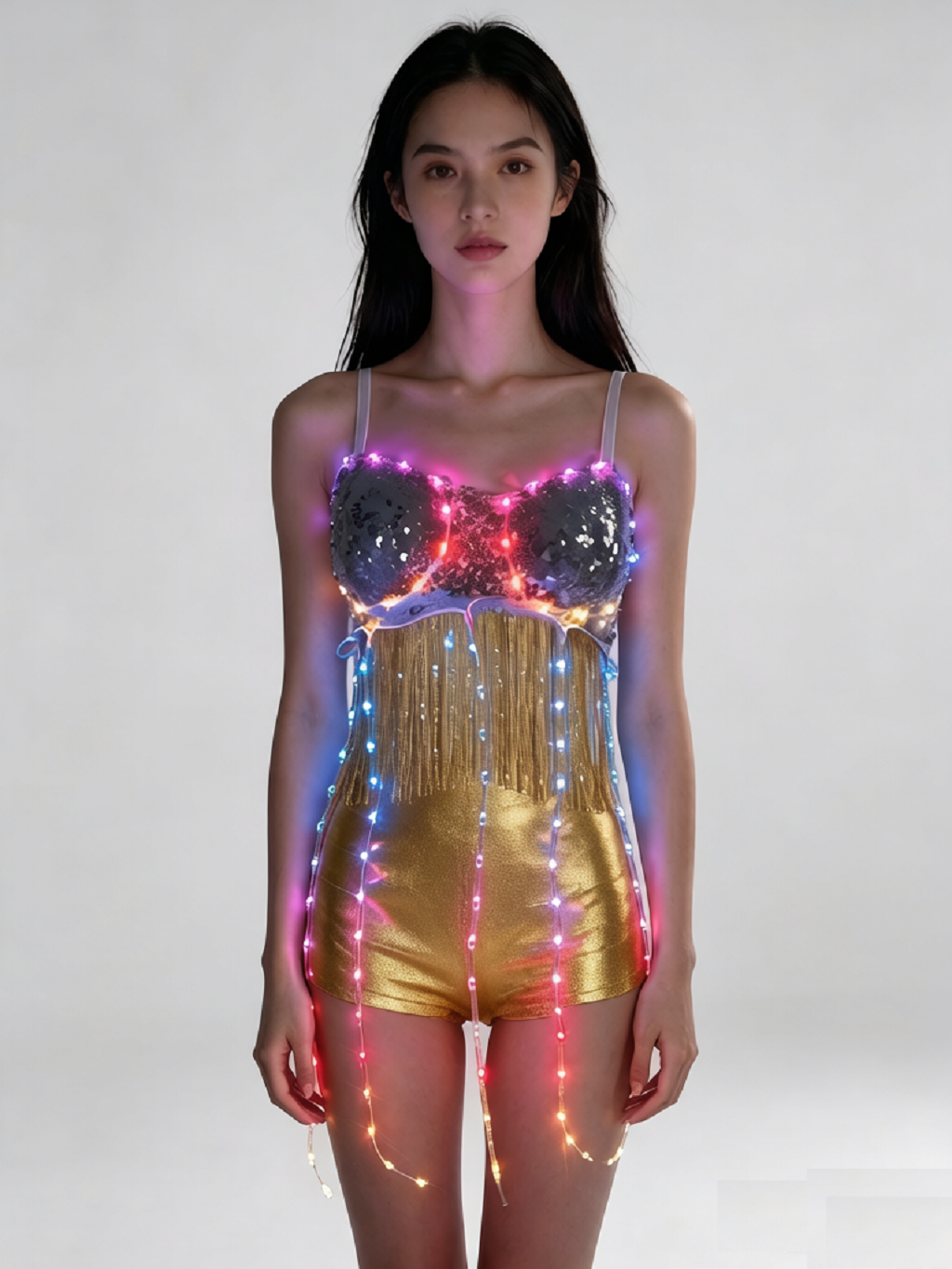 LED Light Up Tassel Halter Bra of Women, Sequin Fringe Glow Party Top, Rave Festival Costume with Color Changing Lights
