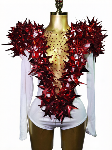 Luxury Gold Starburst Crystal Appliqué Bodysuit with Sculpted Shoulder Design – High-Fashion Statement Performance Outfit for St