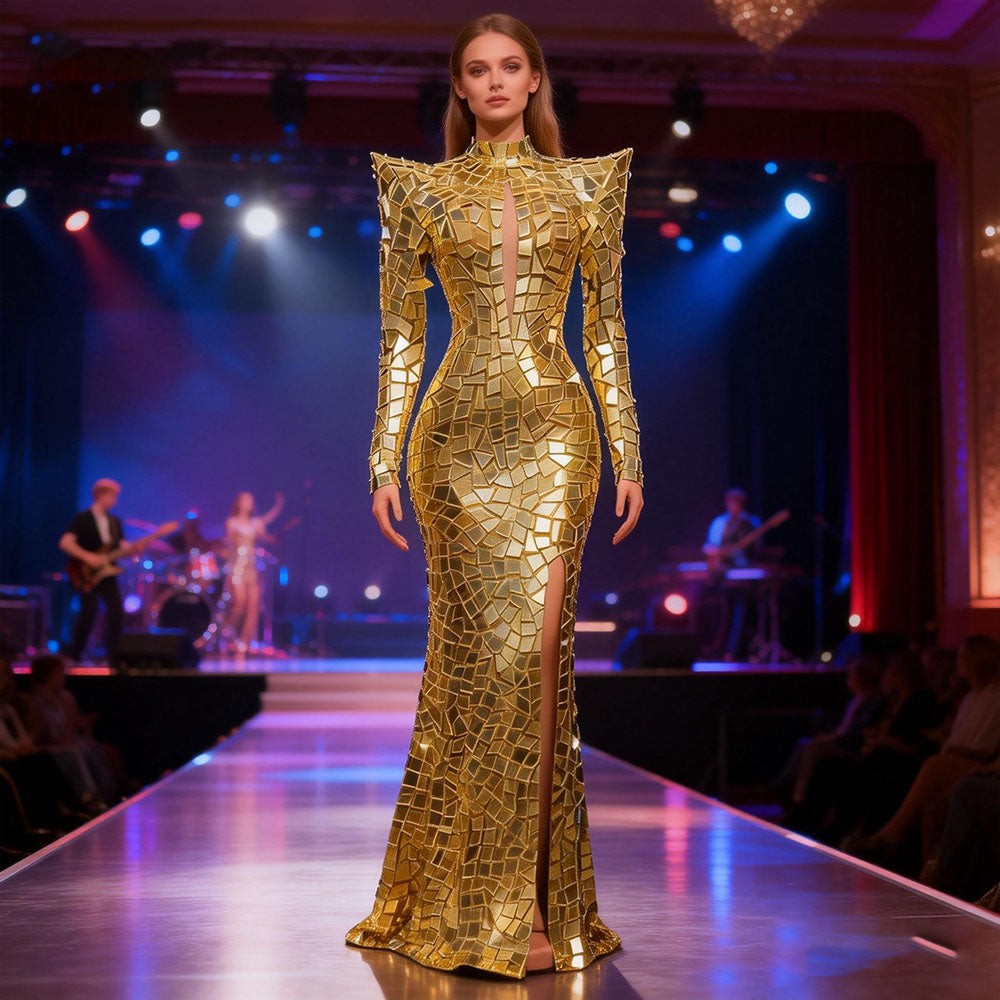 Women's Mirror Gown for Christmas Celebration | Shimmering Sequin Stage Performance Dress in Blue Red Gold Silver Festive Attire