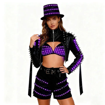 LED Light-Up Purple Studded Costume Set Hat Jacket Bra & Skirt – Glowing Edgy Outfit for Raves Parties Stage Performances & Night Events