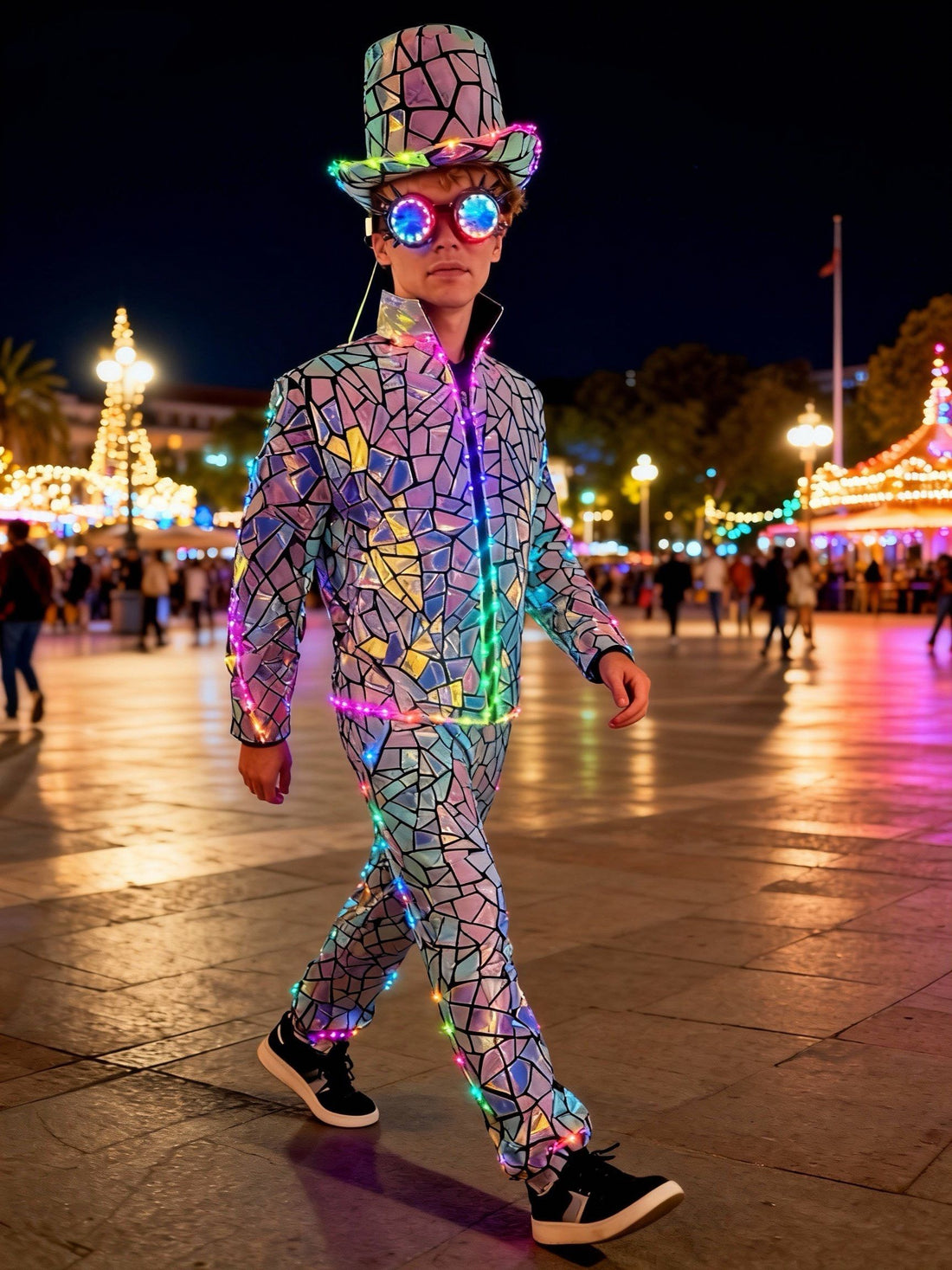 LED-Lit Mirror Fragment Costume Set Jacket Pants & Top Hat Brilliant Lights Iridescent Shine Ideal for CarnivalsFestival