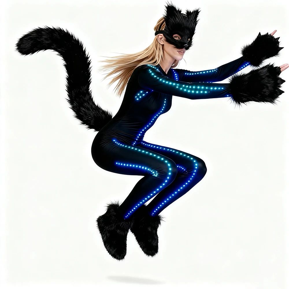 LED Luminous Catwoman Full-Body Suit with Plush Ears & Tail | Glowing Tech-Themed Rave Cosplay Costume