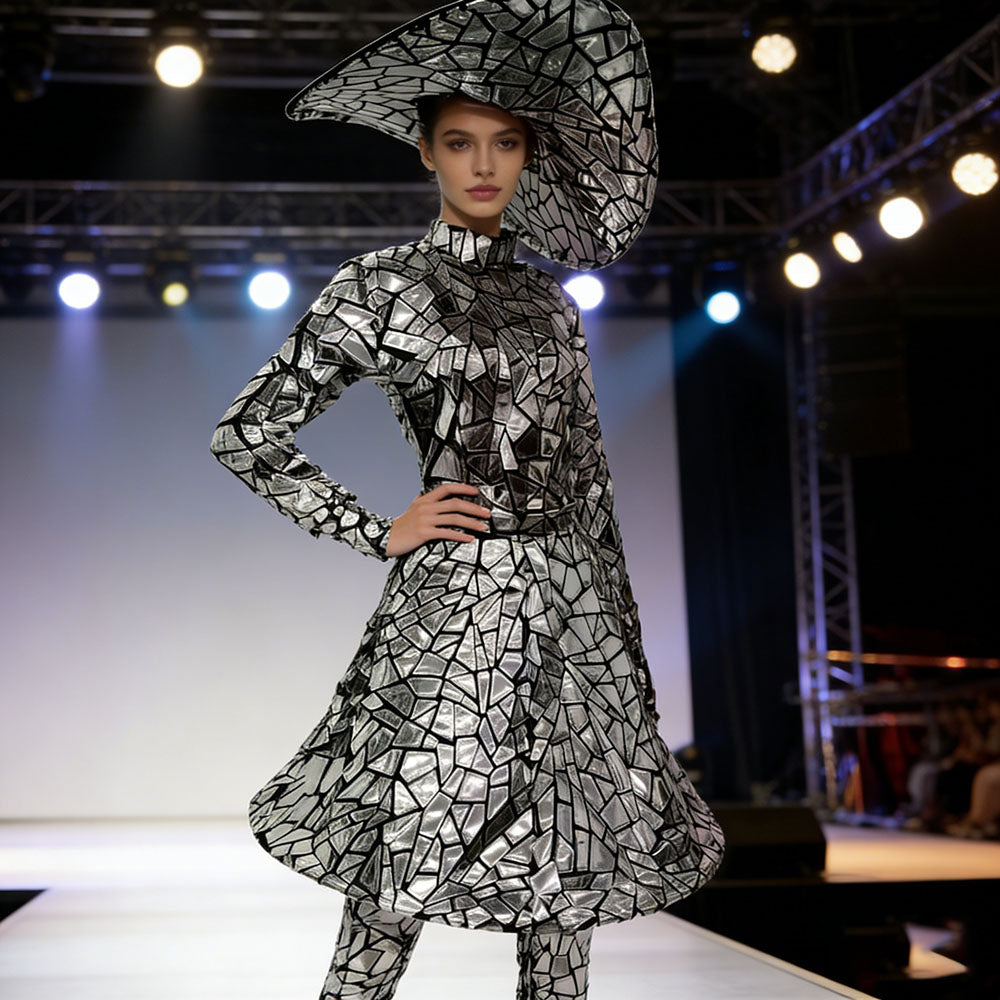Women's Mirror Mosaic Runway Ensemble Futuristic Full-Body Patterned Gown Oversized Sculptural Hat High-Neck Performances