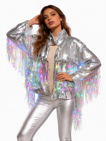 Women's Holographic Sequin Jacket with LED Light Up Fringe - Silver Iridescent Blouson Top for Rave, Festival, Stage Performance
