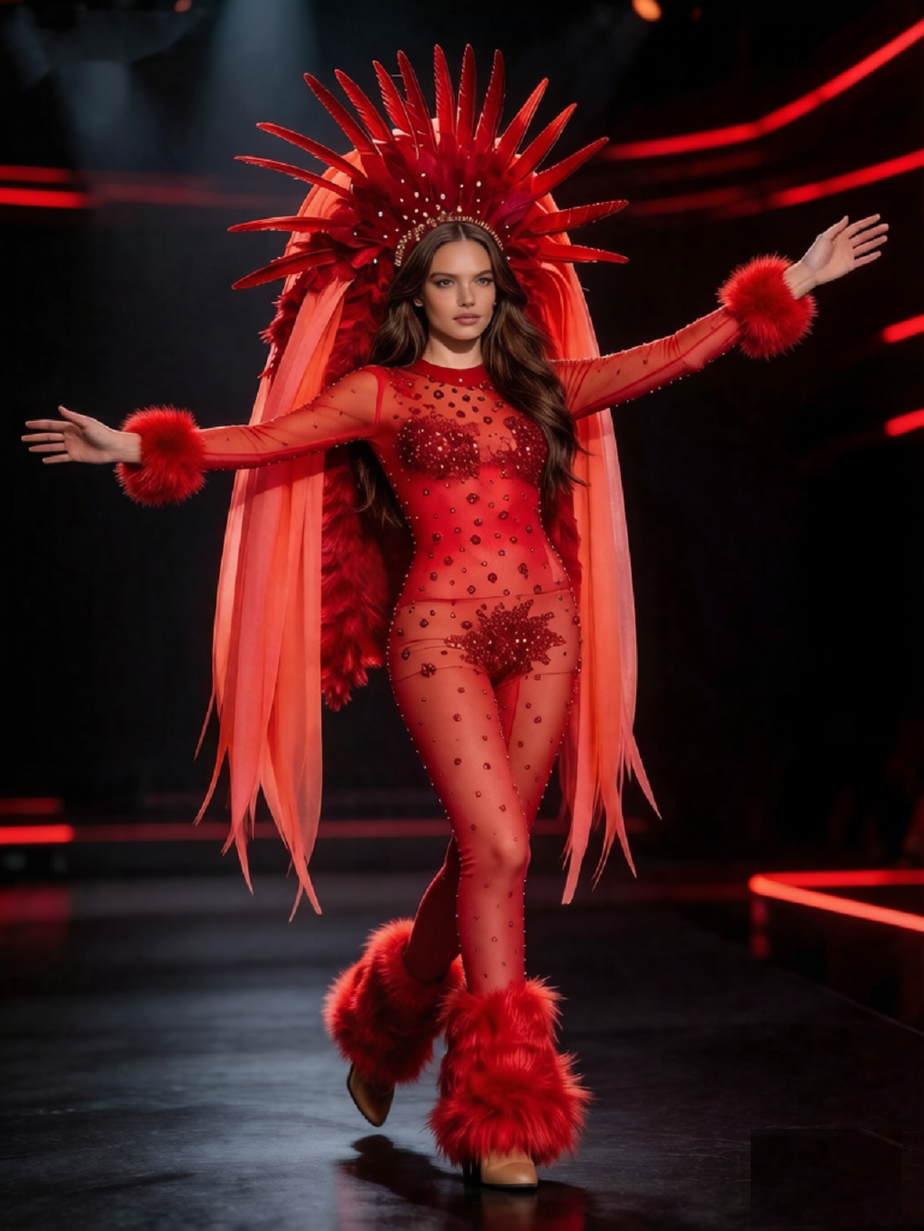 Women's Red Festival Feather Bodysuit Costume – Sheer Rhinestone Jumpsuit with Fur Trim & Statement Headpiece