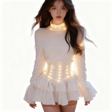 LED Spring Autumn T Shirts Stand Neck Lantern Sleeve Ruffles Solid Color Top Female Slim Tees Fashion Design Elegant Women Cloth