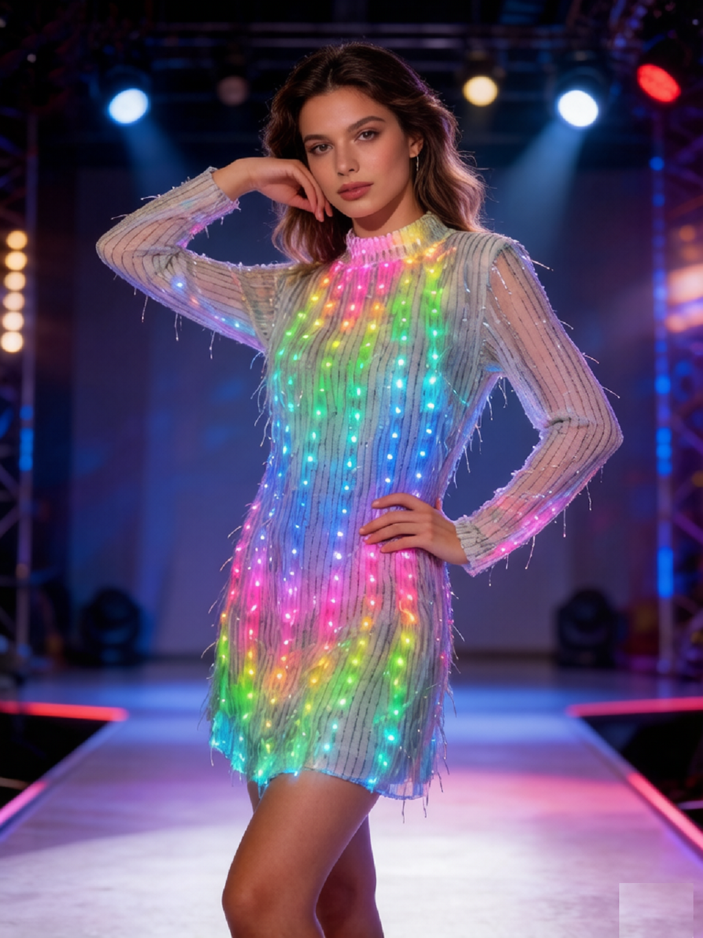 Color-Changing LED Fringe Mini Dress, Rainbow Luminous Party Dress with Long Sleeves, Perfect for Nightclub, Festival, Dance Per