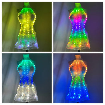 LED Light Up Feather Pole Dance Dress - Rainbow Colorful Sequin Fringe Mini Clubwear for Nightclub Party Stage Performance