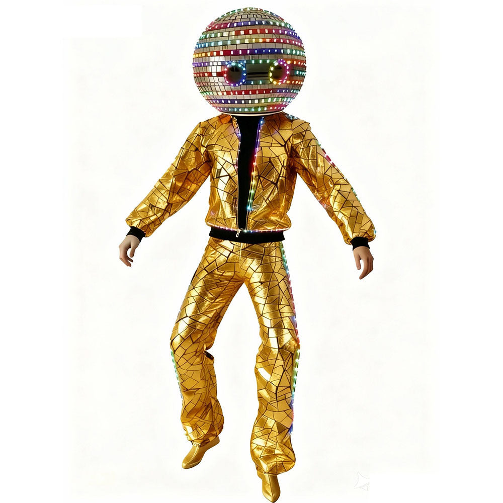 LED Disco Mirror Helmet Silver Glossy Mirror Clothing Nightclub Stage Party Festival Performance Jacket Set