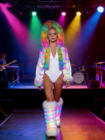Women’s LED Faux Fur Hooded Jacket – Rainbow Glow Light-Up Rave Coat with Oversized Fluffy Sleeves, Festival Cyberpunk Winter Outerwear for EDM Parties & Halloween