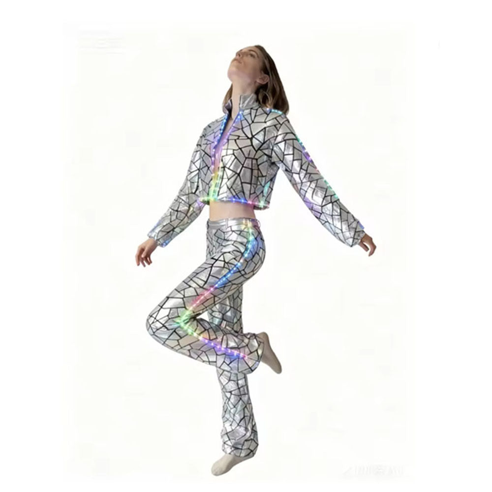 Silver Metallic LED Mirror Reflection Dress & Pants Set Women's Full-Coverage Glamour Costume for Party Cosplay & Stage Performances