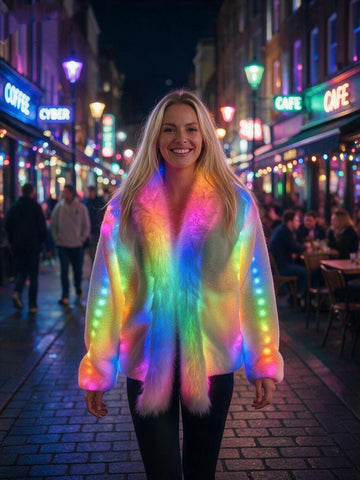 Neon Rave Outfit Halloween Christmas Costume Festival Clubwear (Plus Size Available),LED Light Up Rainbow Faux Fur Coat, Glow in The Dark Fluffy Fur Jacket for Women