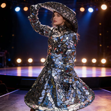Women's Mirror Mosaic Runway Ensemble Futuristic Full-Body Patterned Gown Oversized Sculptural Hat High-Neck Performances