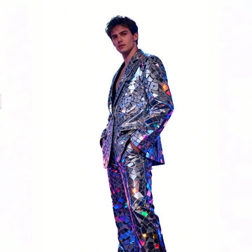 Silver Mirror Mosaic Suit Set Futuristic Reflective Glossy Streetwear-Inspired Jacket and Pants or  Only Jacket