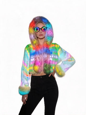 Women's LED Light-Up Colorful Faux Fur Jacket Hooded Zip-Up Short Coat with Fuzzy Cuffs for Rave Festival Party Clubwear