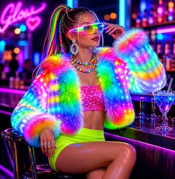 Women’s Rainbow LED Light-Up Cropped Faux Fur Hooded Jacket - Color Changing Glowing Rave Coat for Festivals, Halloween, and Night Events