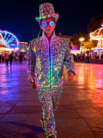LED-Lit Mirror Fragment Costume Set Jacket Pants & Top Hat Brilliant Lights Iridescent Shine Ideal for CarnivalsFestival