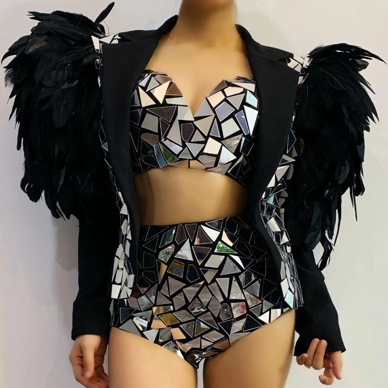 New Female Black Feather Costume Women Mirror Coat Sexy Performance Clothing Bikini Nightclub Dancing Outfit Entertainment Event