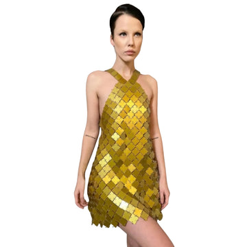 Women Gold Sexy Sleeveless Backless Evening Party Dresses Silver Square Disc Chainmail Halter Mini Dress
