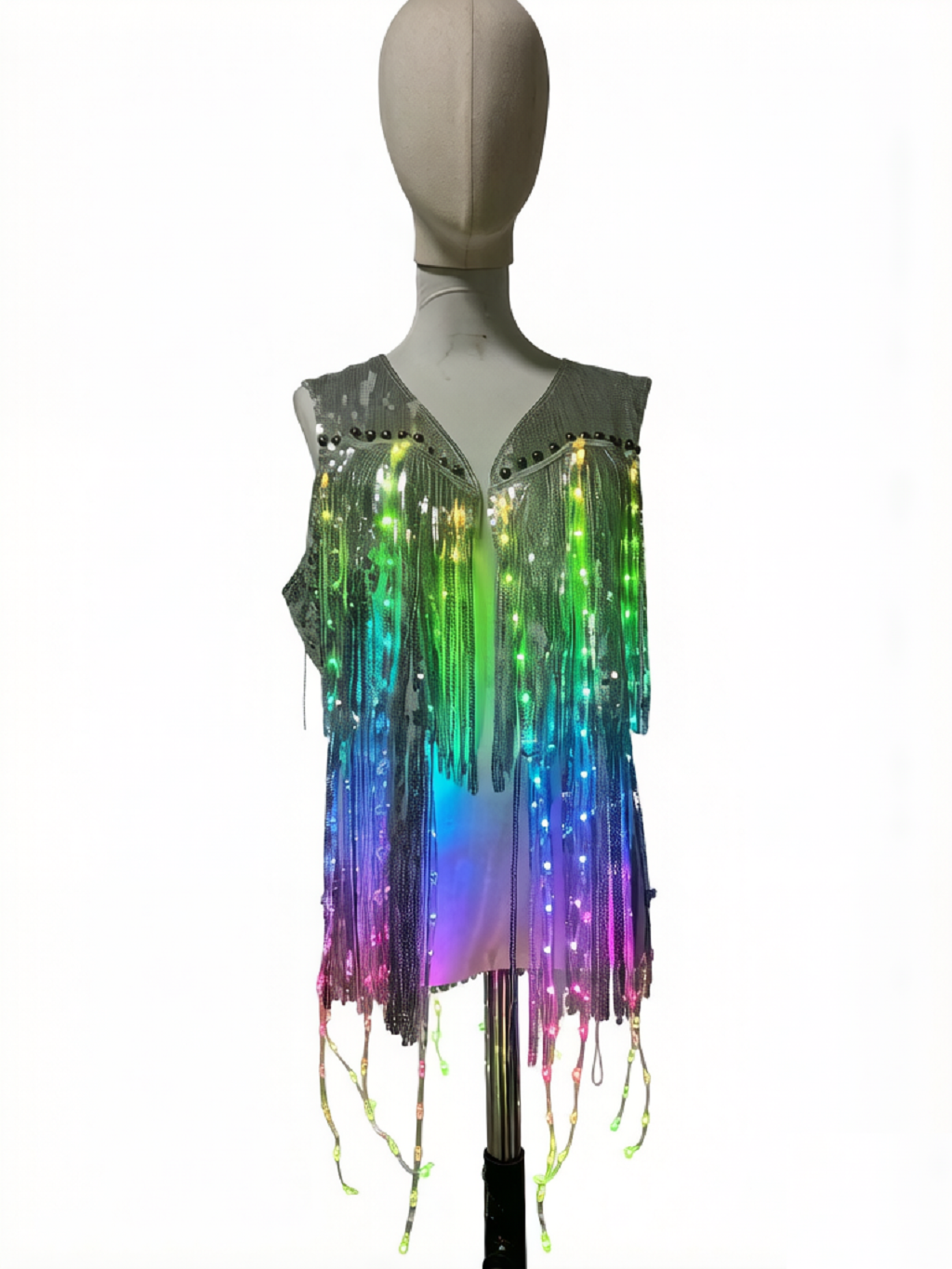 LED Light-Up Fringe Vest with Rainbow Sequins – Battery Operated (4x AA) for Festivals, Parties & Stage Costumes