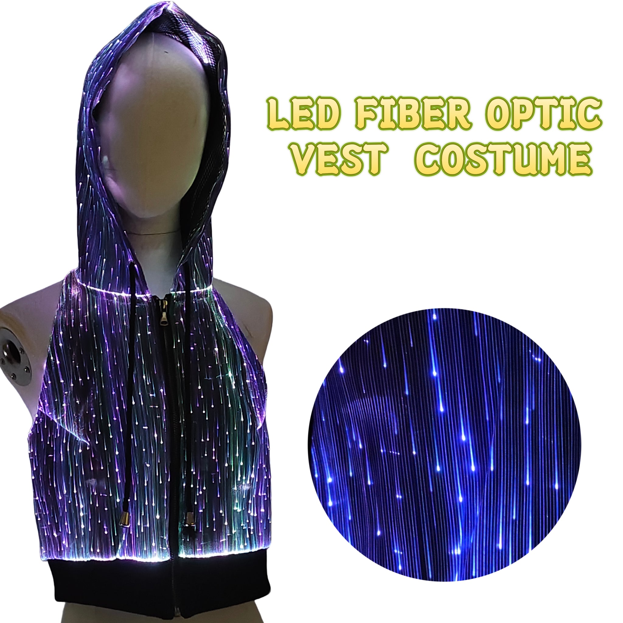 Woman LED Fiber Optic Light-Up Hooded Vest Multi-Color Glow for Stage & Festival Performances