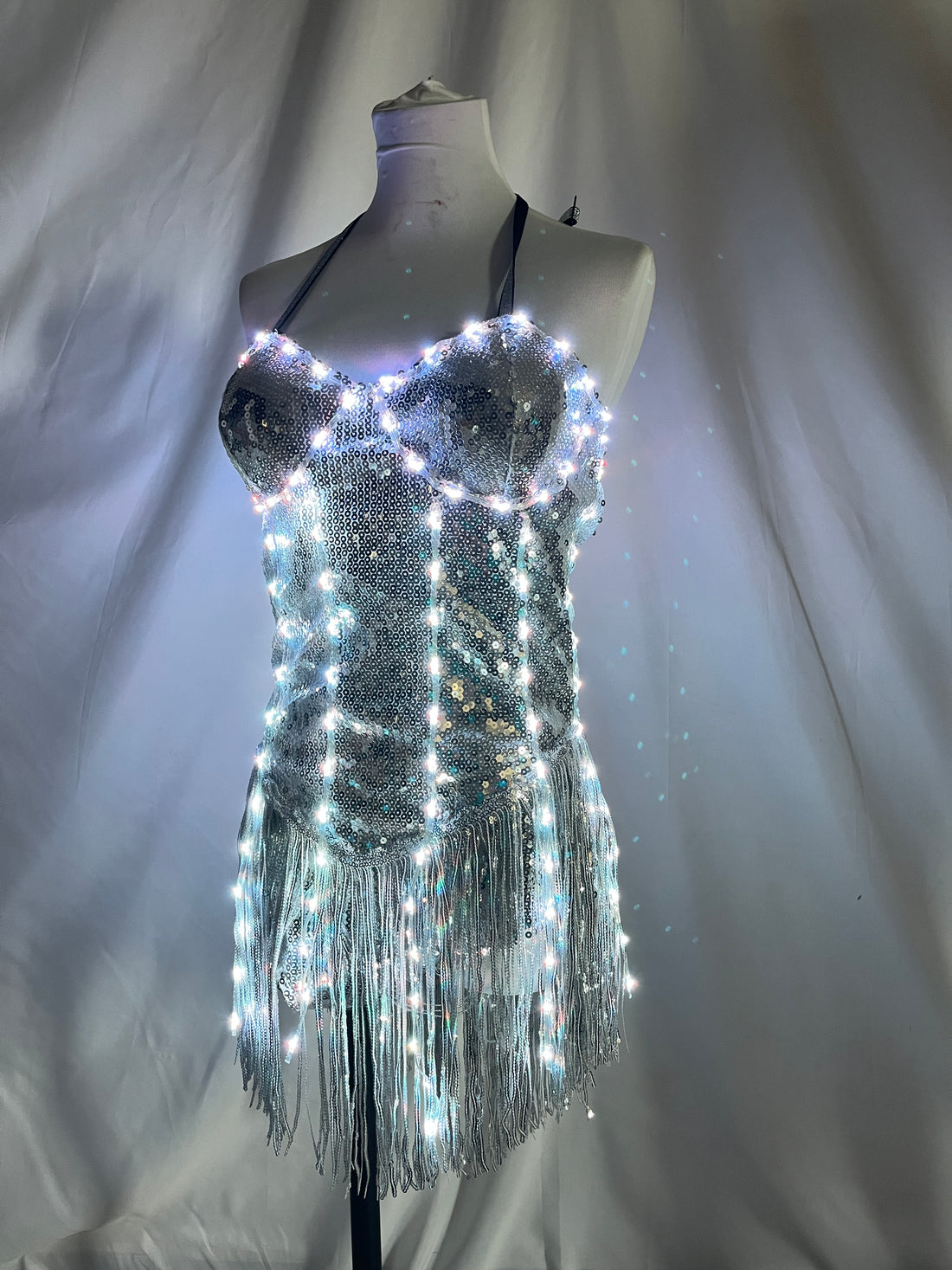 Women’s LED Light Up Sequin Fringe Dress, Interactive Glow Tassel Mini Dress with RGB Lights, Futuristic Festival Wear for Rave