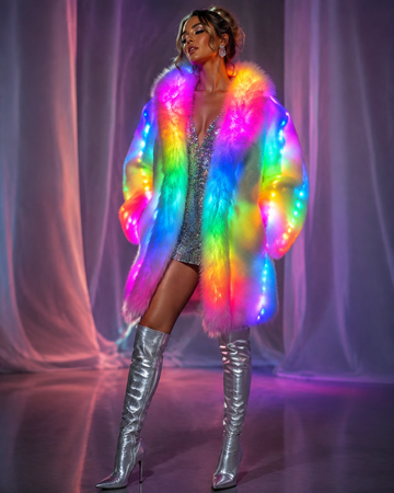 LED Light Up Rainbow Faux Fur Coat, Glow in The Dark Fluffy Fur Jacket for Women/Men, Neon Rave Outfit Halloween Christmas Costume Festival Clubwear (Plus Size Available)