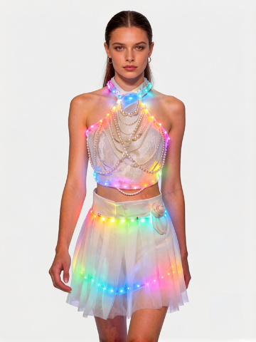 Women’s LED Light-Up Halter Top & Tulle Skirt Set, Glow in the Dark Pearl Chain 2-Piece Rave Outfit for Festival & Party