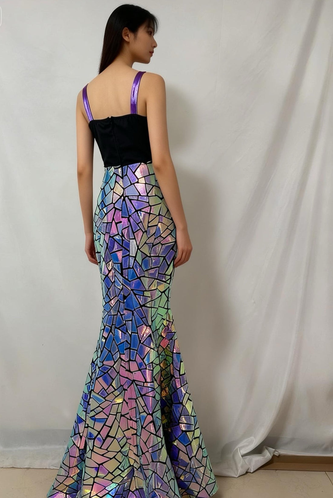 Glamorous Women's Performance Gown – Sequin & Laser Mirror Evening Dress with High Slit for Queen Costume, Stage, and Party Wear