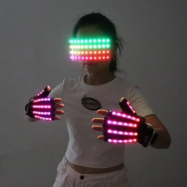 LED Growing Gloves&Glasses Light Up Glasses Rave Costume Decor DJ Dance Performances Luminous Props Party Decoration