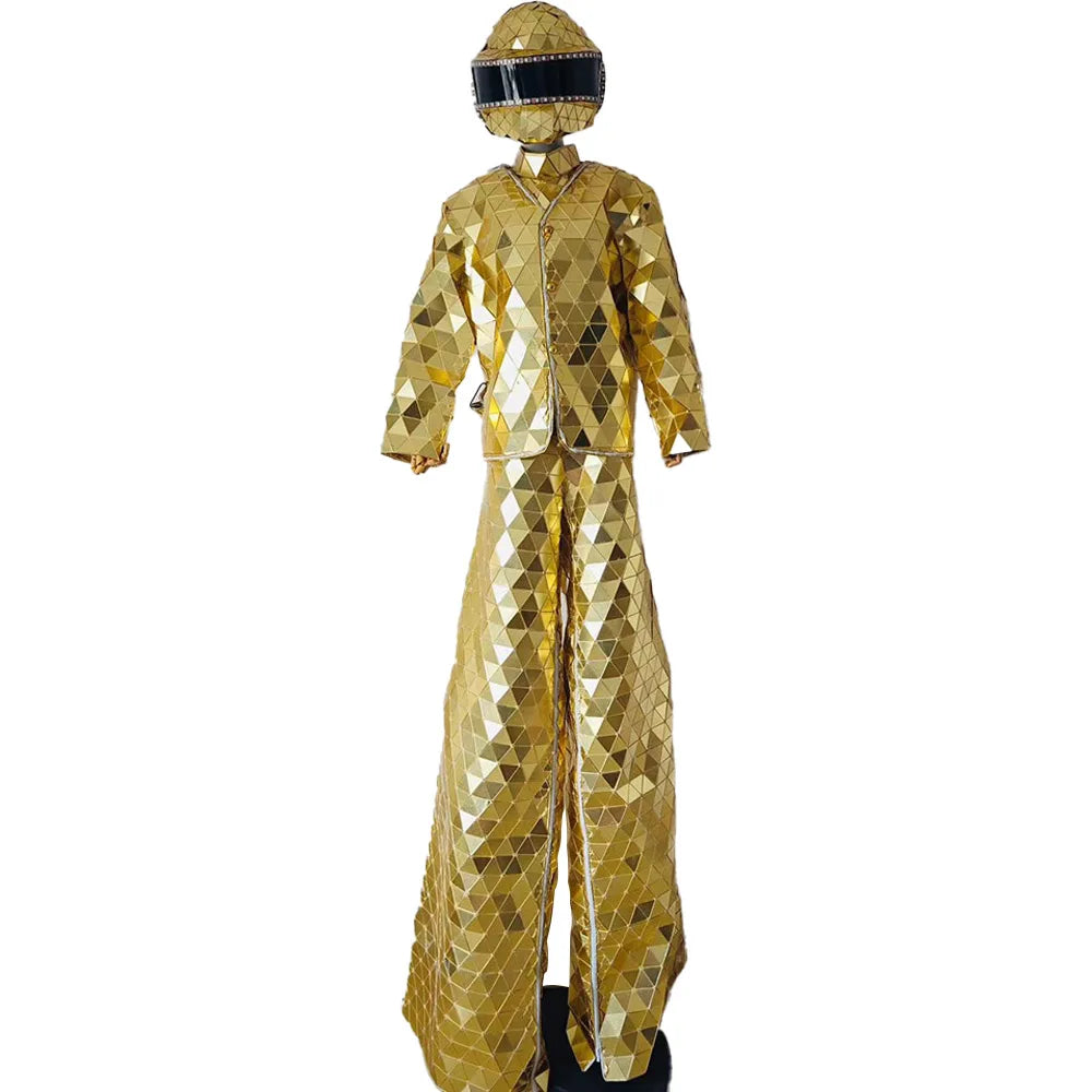 Pink LED Stilts Walker Mirror Costumes Silver Man Show Suit Stage Performance  Dress  Dance Clothing for Party Nightclub