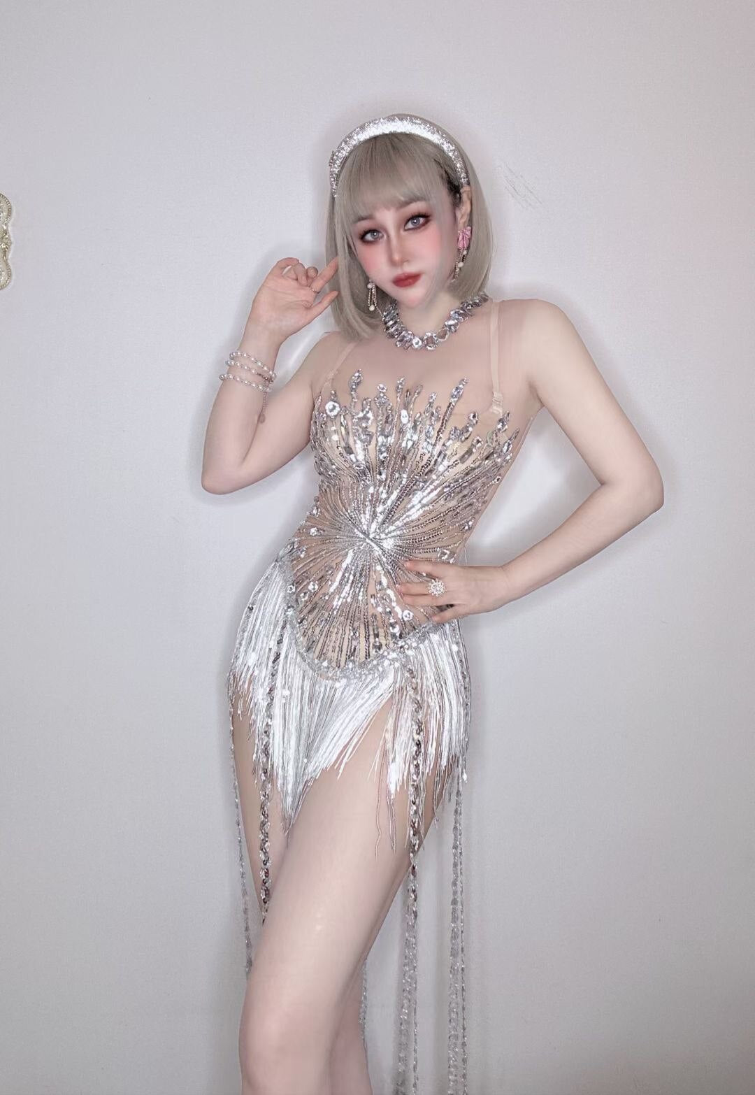Sexy female Tassels and diamonds costumes Performance show Shining clothings