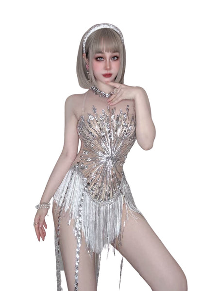 Sexy female Tassels and diamonds costumes Performance show Shining clothings