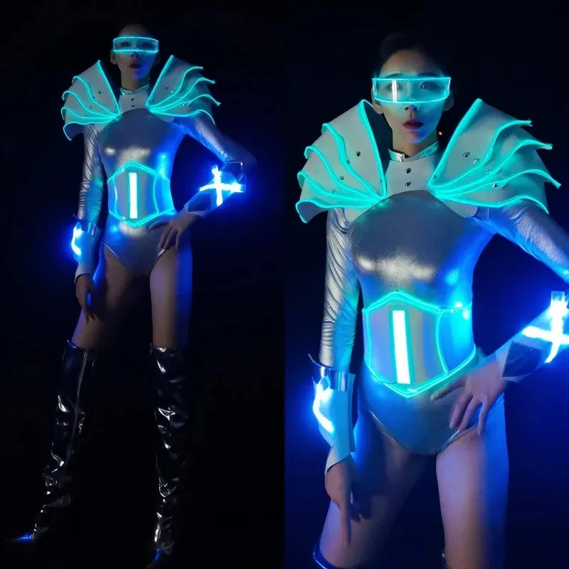 LED Punk Cyber Dance Suit Luminous Technology Costumes Bar Party Ice Blue Troupe Bar Gogo Clothing Nightclub Celebration Party