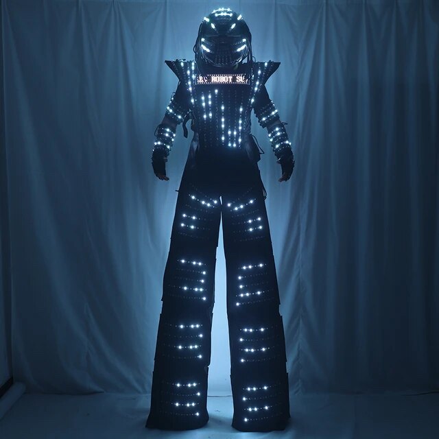 LED a todo color robot traje cofre pantalla blanco plata negro zancos caminar luminoso traje chaqueta