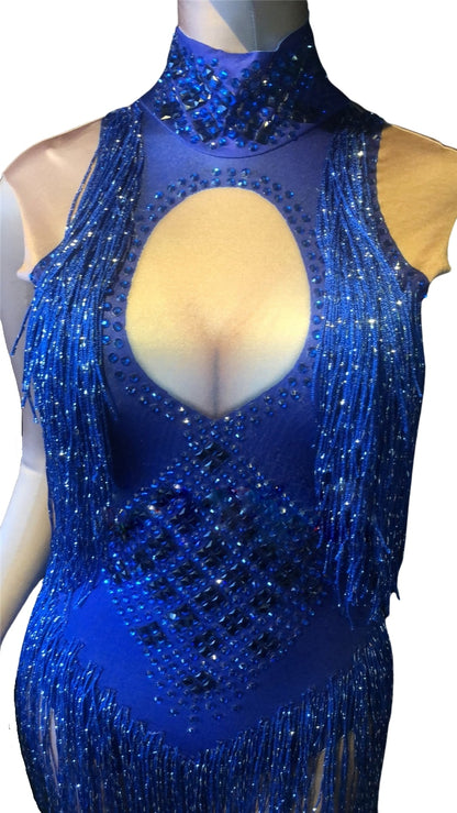 New Beyonce Spandex Elastic Silver Fringe Dress Gogo Dancer Performance Costume Nightclub Jumpsuit Women Bodysuit