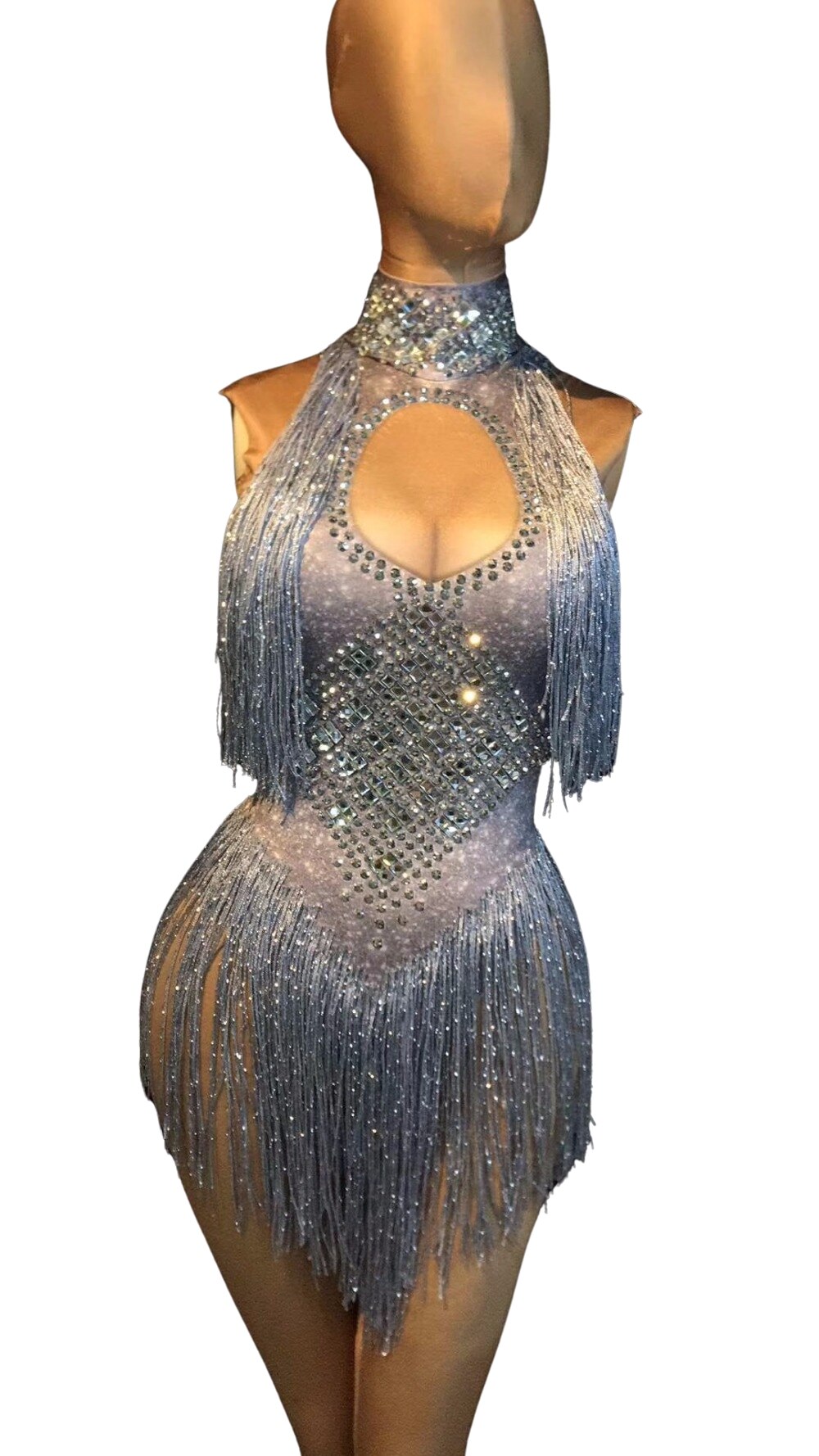 New Beyonce Spandex Elastic Silver Fringe Dress Gogo Dancer Performance Costume Nightclub Jumpsuit Women Bodysuit