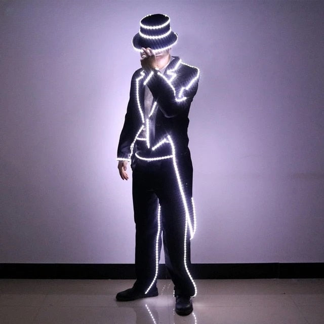 高品質 LED 照明タキシードステージスーツマイクメカニカルダンスショー衣装バーナイトライト服帽子とパンツ