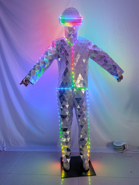 Hand Sewn Silver Stilts Walker LED Mirror Man Show  Stage Dress Performance Mask Costume Glass Cosplay Clothing