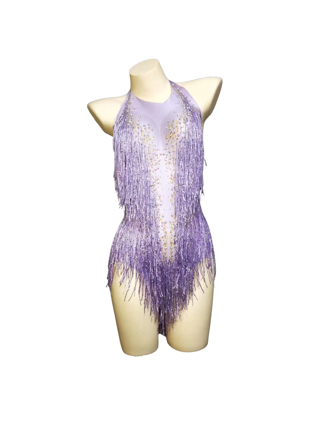 Stretch Nightclub Pole Dance Costumes Backless Acrobatic Leotard Shining Diamonds Women White Tassel Party Bodycon Bodysuits