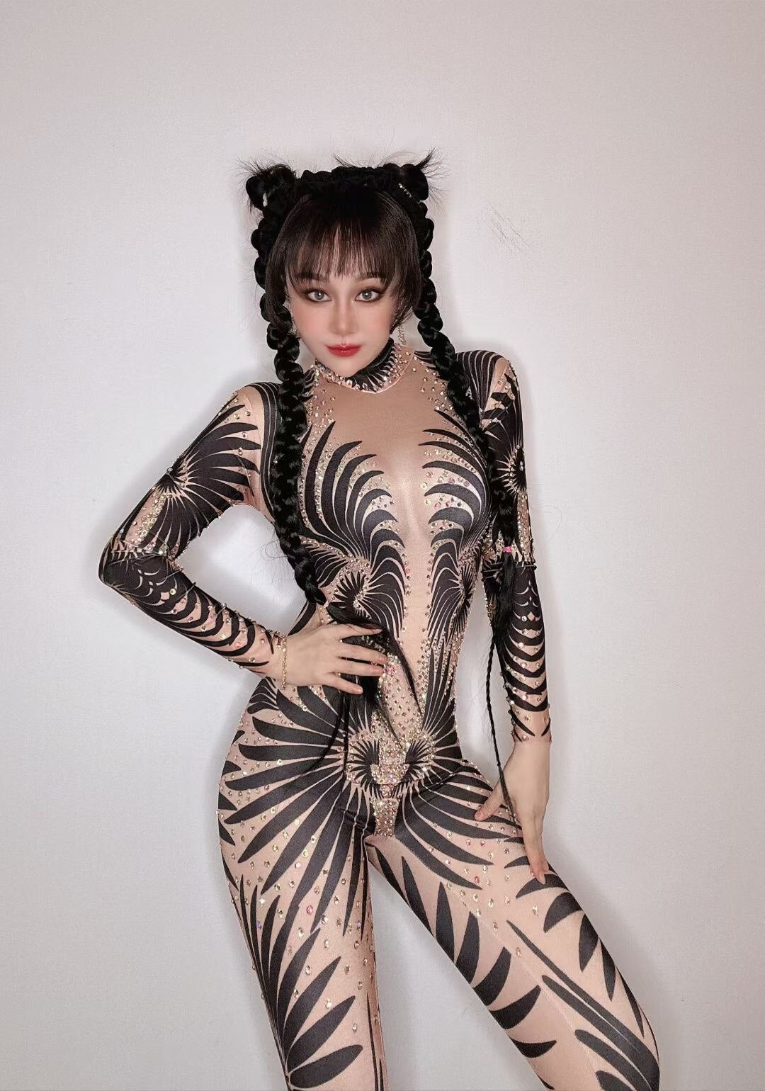 Sexy Female High Elastic Dance Suits Zebra Stripe Printing And Diamonds Costumes