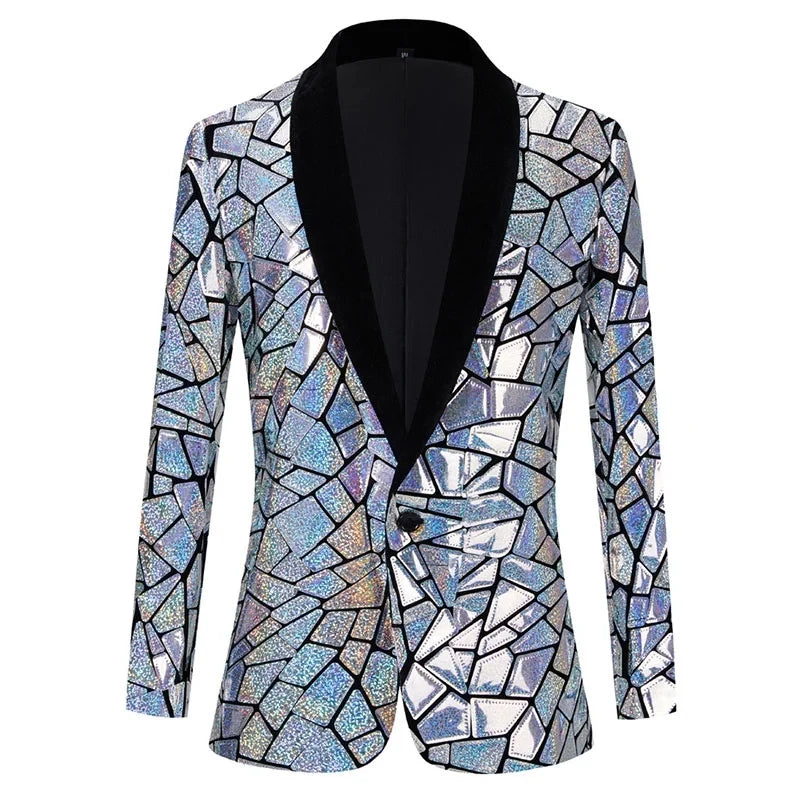 Men One Button Shawl Lapel Suit Blazer Luxury Laser Sequin Tuxedo Blazer Jacket Male Party Stage Prom Singer Costume Celebration