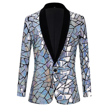 Men One Button Shawl Lapel Suit Blazer Luxury Laser Sequin Tuxedo Blazer Jacket Male Party Stage Prom Singer Costume Celebration