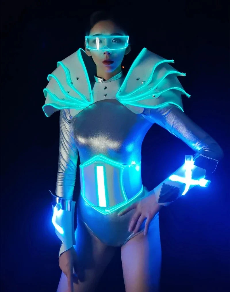 LED Punk Cyber Dance Suit Luminous Technology Costumes Bar Party Ice Blue Troupe Bar Gogo Clothing Nightclub Celebration Party