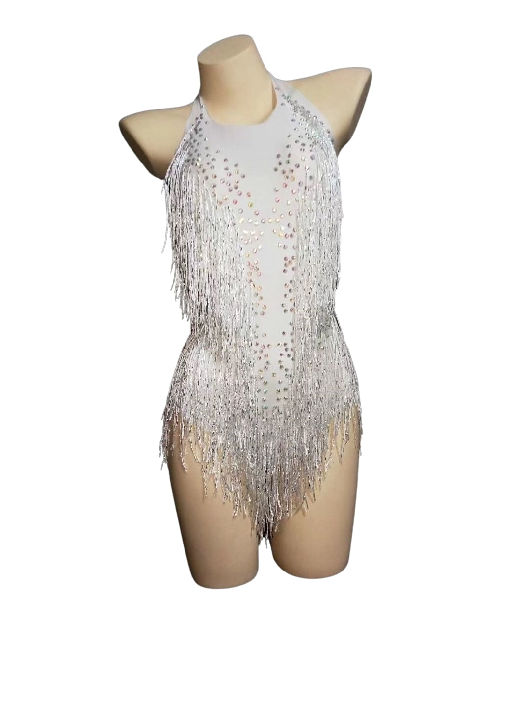 Stretch Nightclub Pole Dance Costumes Backless Acrobatic Leotard Shining Diamonds Women White Tassel Party Bodycon Bodysuits